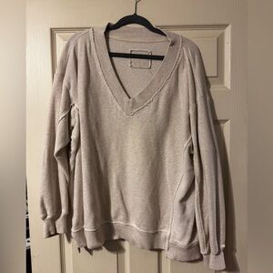 aerie Raw-Edge V-Neck Pullover Sweatshirt - Light Beige